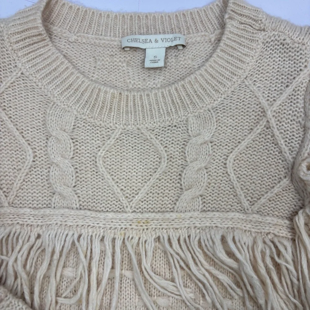 Chelsea & Violet Womens‎ Cream Fringe Cable Knit Sweater Boho Western Small